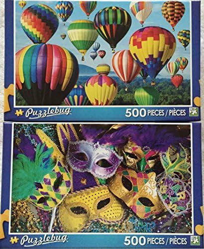 Bundle Lot of 2 Puzzlebug 500 Piece Puzzles by LPF: Floating the Skies ~ Colorful Masks