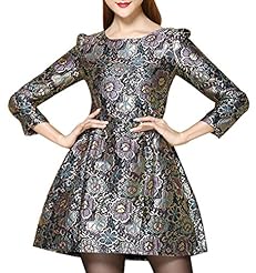 A-line Polyester Round Neck Jacquard Glittering Vintage Mesh Midi Dress 