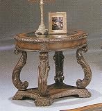 Hand Carved Leaf Antique Wood End Table with Round Glass Top