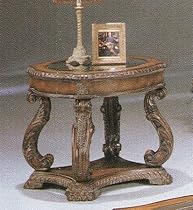 Hand Carved Leaf Antique Wood End Table with Round Glass Top
