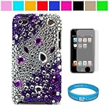 Premium Two Piece Rhinestone Design Protective Cover Case for iPod Touch 4th Generation + Clear Screen Protector for Apple iPod Touch 4th Generation + SumacLife TM Wisdom Courage Wristband, Purple and Silver