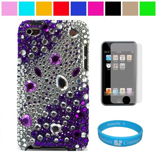 Premium Two Piece Rhinestone Design Protective Cover Case for iPod Touch 4th Generation + Clear Screen Protector for Apple iPod Touch 4th Generation + SumacLife TM Wisdom Courage Wristband, Purple and Silver