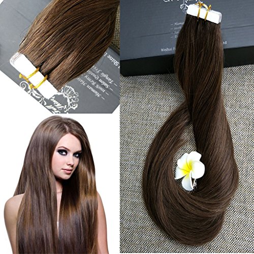 Full Hair 18 Inch Popular Multi-Colors Medium Brown (#4) Tape in Premium Remy Human Hair Extensions 40 Pcs Per Set 100g Weight Straight Human Hair Tape Hair Extensions