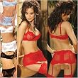 Mesh Bra with Garter Skirt Set in Plus Sizes 38 40 42 44 Black Red White or Light Blue