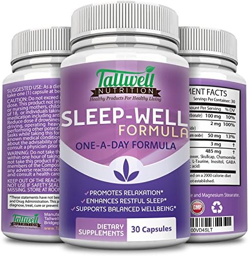 Tallwell Sleep-Well Natural Sleep Aid - Promotes Deep, Restful & Healthy Sleep - Increases Melatonin & Serotonin- Non Habit Forming Nightime Sleep Aid Supplement - 30 Capsules