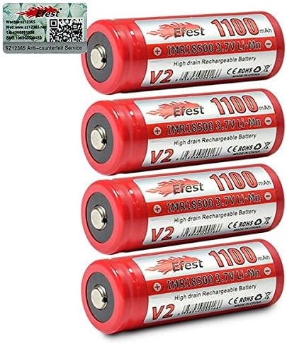 4 Efest IMR 18500 1100mAh 3.7v Rechargeable Button Top Batteries