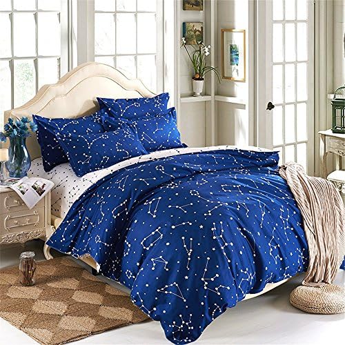 Twin Size Kids Space Star Print Bedding Sets,100% Polyester Queen Twin Size Blue Color constellation Sky Bedlinen Sets 4PC ,(Double Size,4PC)