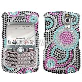 Sparkling Black with Blue Hot Pink Circle Dot Full Diamond Rhinestone Snap on Hard Skin Bling Cover Case for Blackberry Curve 8300 8310 8330 + Microfiber Cell Phone Bag
