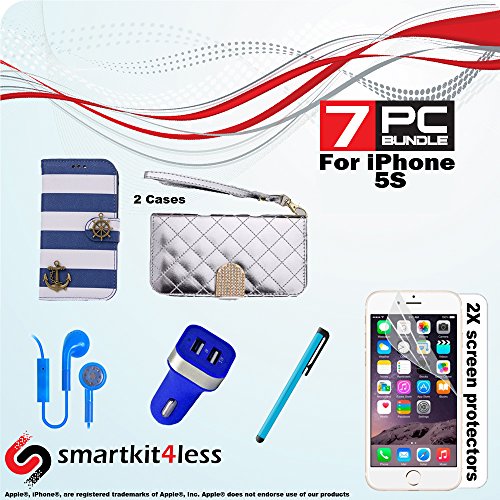 Fashion Combination Pack Includes 7 Pcs Accessory Bundle for I Phone® 5, Include Two Fashion design Cases (two different colors) with handle , Dual USB Car Charger, 2 X Screen Protector, Stylus Pen, Stereo Earphones GET 7 Products for the Price of ONE or Two (Blue/silver)