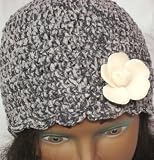 Hand Crocheted 100% Rayon Grey Color Chenille and Gimp Skull Cap for Women and Teens Trimmed with One Ivory Velvet Rose