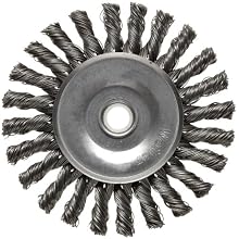 Weiler Dualife Wire Wheel Brush, Round Hole, Steel, Full Twist Knotted, 4" Diameter, 0.020" Wire Diameter, 1/2-3/8" Arbor, 7/8" Bristle Length, 1/4" Brush Face Width, 20000 rpm