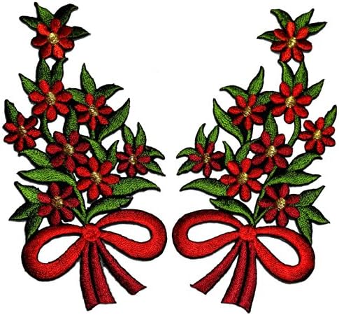 1 Pair Mix Gold lace Floral Bouquet Red Ribbon DIY Applique Embroidered Sew Iron on Patch FW-005