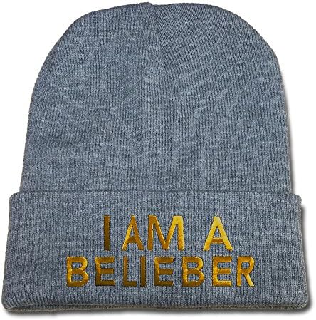 JIUWEI I Am A Belieber Logo Beanie Fashion Unisex Embroidery Beanies Skullies Knitted Hats Skull Caps - Grey