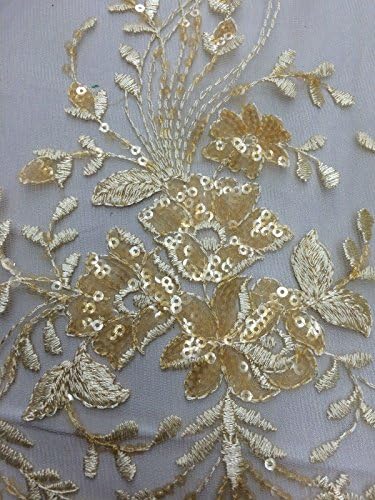 Gold Detailed Lace With Sequins Fabric Scalloped Pattern Sold By The Yard