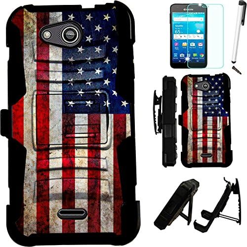 For Kyocera Hydro Wave C6740 / Hydro Air C6745 Armor Hybrid Case Silicone Cover Kick Stand LuxGuard Holster+[WORLD ACC®] LCD Screen Protector+Stylus+Dust Cap (US Flag/Black)