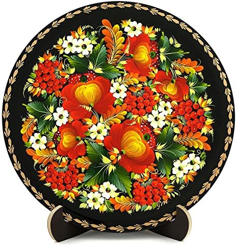 Decorative Plate Made from Wood with Handmade Painting in Ukrainian Traditional Style (Guelder rose berries). Birthday Gift for Her. 11.8" dia / wall hanger on the back / plate stand included