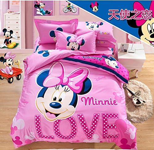 Home Textile Cartoon Pattern Bedding Students Duvet Cover Set, Kids Bed Sheets Boys Girls (Twin Size 4Pcs, Pink Minnie)