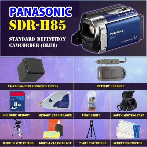 Panasonic SDR-H85 Standard Definition Camcorder (Blue) + 8GB SDHC Memory Card, Memory Card Reader, VW-VBG260 Battery, Battery Charger, Video Light, Soft Carrying Case, Aluminum Tripod, & Digital Cleaning Kit For Panasonic SDR-H85, SDR-H85, SDRH85, H85 !!! Panasonic SDR-H85 Standard Definition Camcorder (Blue) + 8GB SDHC Memory Card, Memory Card Reader, VW-VBG260 Battery, Battery Charger, Video Light, Soft Carrying Case, Aluminum Tripod, & Digital Cleaning Kit For Panasonic SDR-H85, SDR-H85, SDRH85, H85 !!!