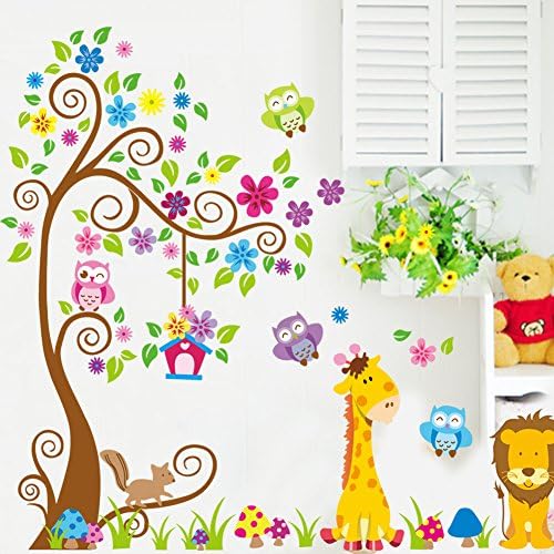 Dupin (TM) Owl Zebra Lion Tree Flowers Wall Decal Nursery Bedroom Decorative Wall Art Sticker Removable Colorful Boys and Girls Party Decor Wallpaper Spring Home Decoration