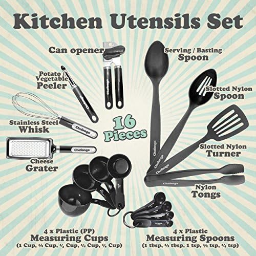 Kitchen Gadgets and Tools - 16 Piece Home Starter Set By Chefongo (Black)
