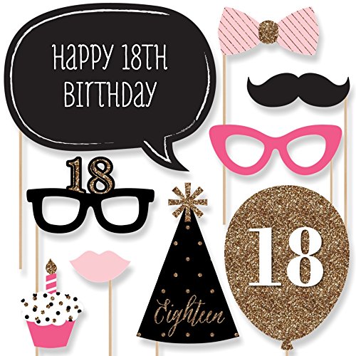 Chic 18th Birthday - Pink, Black and Gold - Birthday Party Photo Booth Props Kit - 20 Count