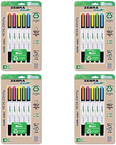 Zebra Eco Zebrite Double-Ended Highlighters, Fine Point and Medium Chisel Tip, 5 Assorted Colors, 5 Pack (75005), 4 Packs
