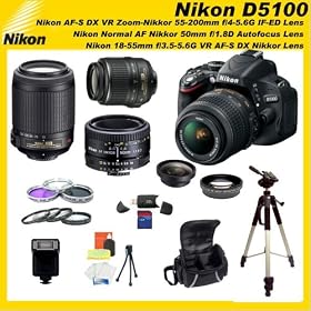 Nikon D5100 16.2MP CMOS Digital SLR Camera with 3-inch Vari-Angle LCD Monitor Triple Lens Sports Package
