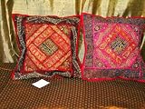 2 Electric Crimson Beaded Embroidered Cushion Covers Vintage Sari Pillow Covers 16x16 inches