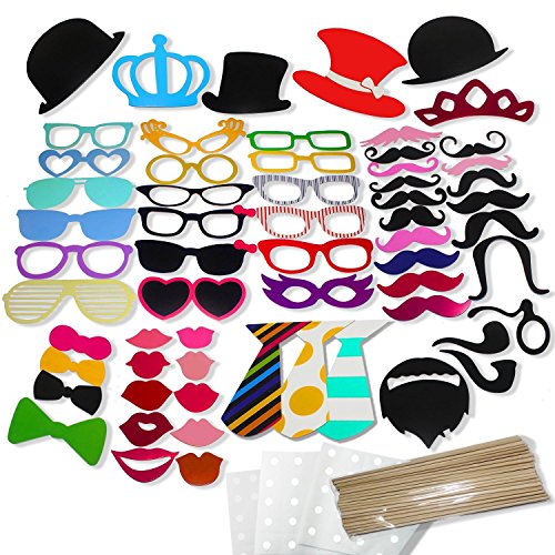 TR318 Party Photo Booth Props Diy Kit,Paper Prop On A Wood Stick for Taking Funny Photos On Birthday,Wedding,Reunions,Dress-up Costume Accessories with Mustache,Hats (Cheerful 60pcs)