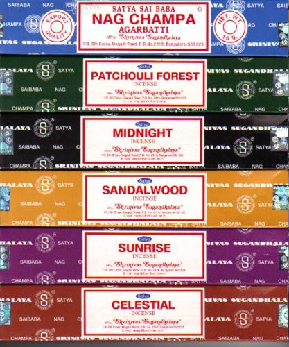 Set of 6 Incense Nag Champa Sunrise Sandalwood Midnight Patchouli Celestial By Satya