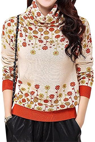 Youseft Women's Flower Knitted Turtleneck Pullover Long Sleeve Jumper Sweater OrangeSmall Hot sell