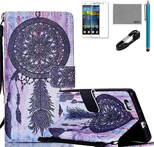 Huawei P8 LITE Case, LEXY PU Leather Case with Credit ID Cards Holders & Stand for Huawei P8 LITE with 9H Glass Screen Protector, V8 USB Cable and Stylus (Black Windbell)