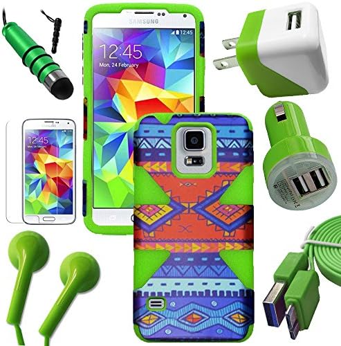 Celkits 7 Piece Accessory Bundle for Samsung Galaxy S5 Slim Hybrid Case Green Decorative Trival Cover, USB Car Charger Plug, USB Home Charger Plug, USB 2.0 Data Cable, Metallic Stylus Pen, Stereo Headset & Screen Protector (Celkits 7 Original Product)