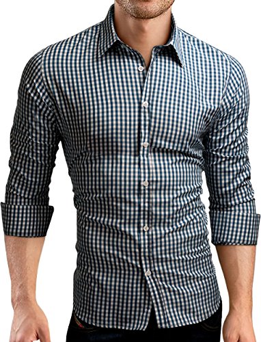 Grin&Bear Slim Fit men's checkered shirt dress shirt, petrol-white, M, SH571
