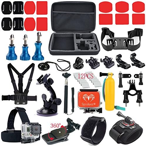 Spideer 52 in 1 Accessories Set for Gopro Hero 4 Hero 3+ Hero 3 Hero 2 &amp; Gopro Hero Camera Sj4000 Sj5000 Sj6000 Accessories Sports Camera: Case+ Handlebar Seatpost Pole Mount+handheld Telescopic Monopod with Tripod Mount Adapter+head Strap+chest Harness + wrist Strap + 3-way Pivot Arm+ Remote Control Velcro Wrist Strap + Suction Cup Mount + Anti-fog Inserts + 3 Blue Aluminum Stainless Screw Bolt + 360wrist Strap Mount for Gopro + Buckle Basic Strap Mount + J-hook Buckle Mount + Spideer Floaty Backdoor