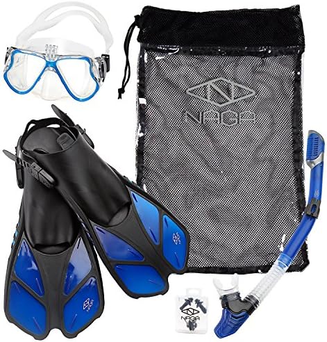 Naga Sports Adult Snorkel Set with Dry Top Snorkel, Single Lens Mask, Trek Fins, Mesh Bag - S/M Blue
