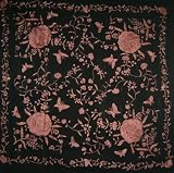 Silk Embroidery Piano Shawl: Black with Red Brown Flamenco Floral & Butterflies 63
