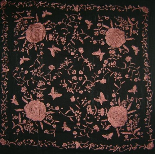 Silk Embroidery Piano Shawl: Black with Red Brown Flamenco Floral & Butterflies 63