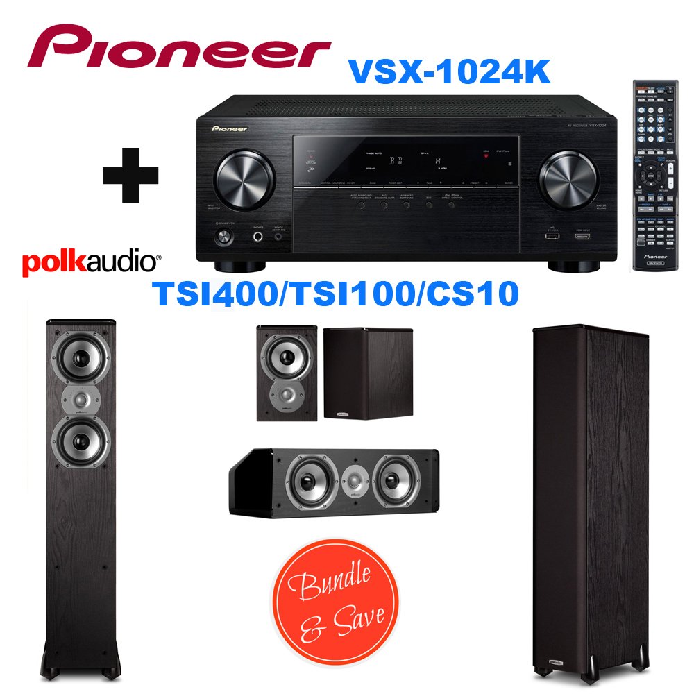 Pioneer VSX-1024 7.2-Channel Network A/V Receiver (Black) + 2 Polk Audio TSi400 Speaker - 2-way - Black + Polk Audio TSi100 Bookshelf Speakers (Pair, Black) + Polk Audio CS10 Center Channel Speaker (Single, Black)
Pioneer VSX-1024 7.2-Channel Network A/V Receiver (Black) + 2 Polk Audio TSi400 Speaker - 2-way - Black + Polk Audio TSi100 Bookshelf Speakers (Pair, Black) + Polk Audio CS10 Center Channel Speaker (Single, Black)
