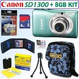 Canon PowerShot SD1300IS 12 MP Digital Camera (Green) + 8GB Accessory Kit