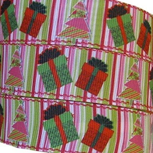 Holiday Stripes Gifts Christmas Trees Grosgrain Ribbon 7/8 Inch x 5 Yards + 1 Yard Custom Print