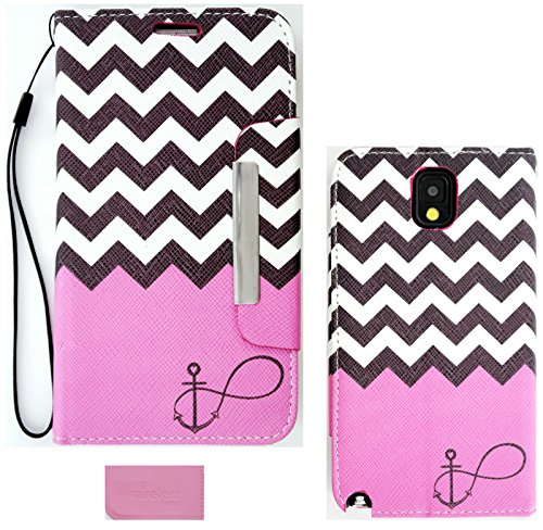Wireless Fones TM Branded Pink Color Block Chevron/Anchor/Infinity/Heart Design Deluxe PU Leather Wallet Folio Case Cover for Samsung Galaxy Note 3 N9000 (2013 Release)
