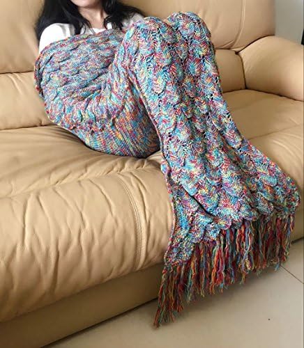 Janeka 2016 Latest Handmade Soft Material Mermaid Tail Shape Blanket with Scales Pattern and Tassels ( Mix color ) (Medium) (7-9 Youth)