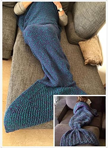 Handmade Mermaid Tail Blanket for Adults, Feet Go in Fins, Super Soft Cozy Cotton, Adults 70.8 inch x 31.4 inch Perfect Little Mermaid (Blue)