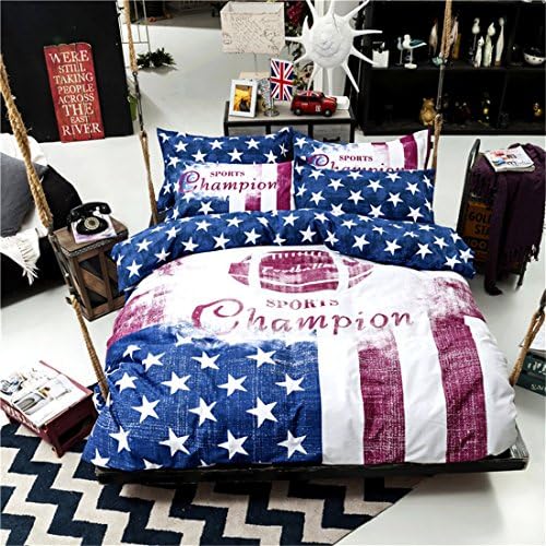 Bedream 4 Pieces Duvet Cover Bedding Set - Sport Fans America Stripe Print Pattern - 100% Cotton Full Queen Size, Blue Red White - Comfortable, Breathable (Queen, Football Club)