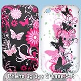 2X NEW CASE COVER SET FOR IPHONE 3G 3GS PINK BLACK BUTTERFLY SET BY MOBILE LOGISTICS: 3g mobile