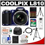Nikon Coolpix L810 Digital Camera (Blue) with 16GB Card + Batteries & Charger + Case + Tripod + HDMI Cable + Accessory Kit
