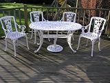 6pc Gloss White Cast Aluminium Garden Furniture Oval 140cm, 4 Armhairs & matching Parasol Base