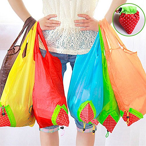 Btwzm 100% Polyester Foldable Reusable Strawberry Shopping Bags with Handles, Pack of 10