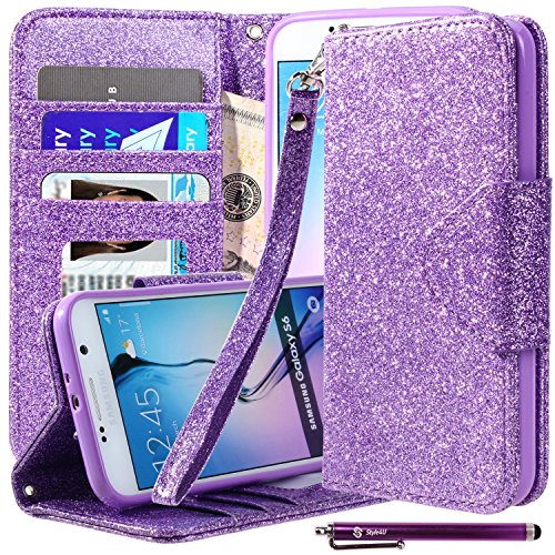 Galaxy S6 Case, S6 Bling Flip Case, Style4U [Everlasting Shine] Premium PU Leather Stand Wallet Case with ID Credit Card / Cash Slots for Samsung Galaxy S6 + 1 Stylus [Purple]